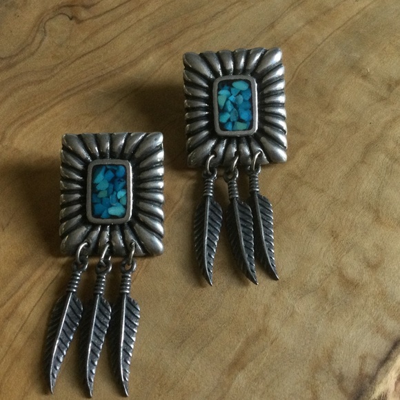 Signed Vintage Turquoise Silver Boho Feather Post Earrings - Picture 2 of 7